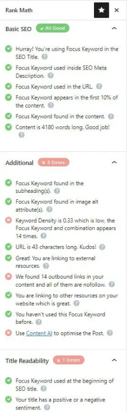 Detailed content analysis in Rank Math