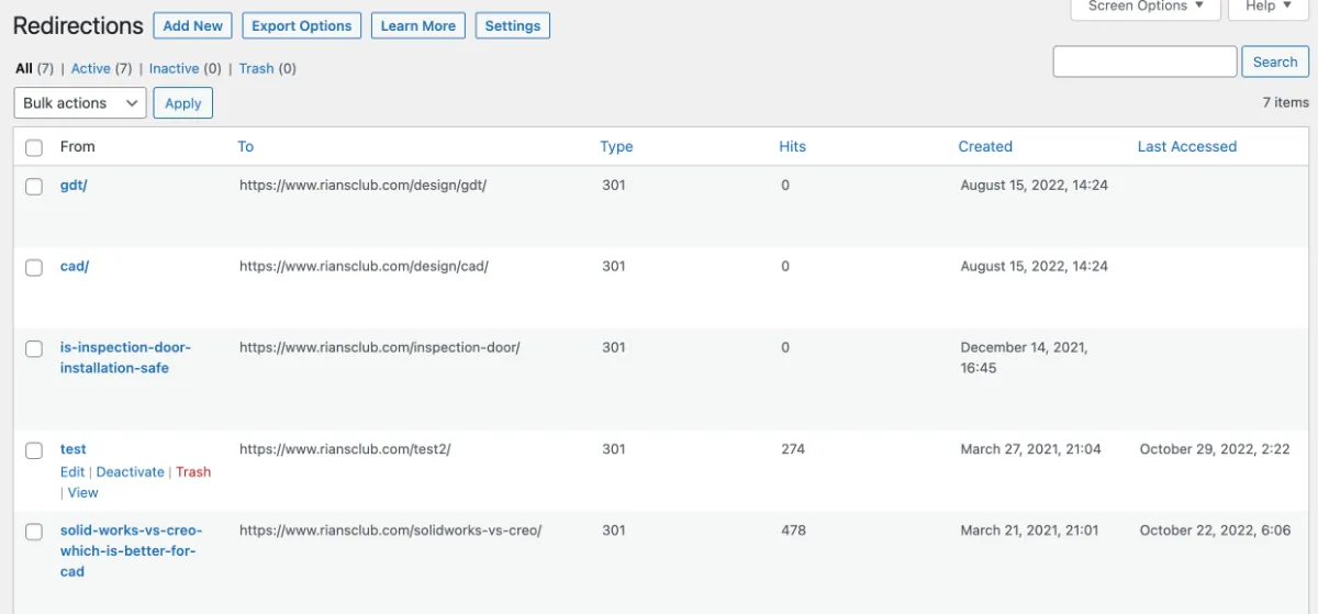 Rank Math redirection manager