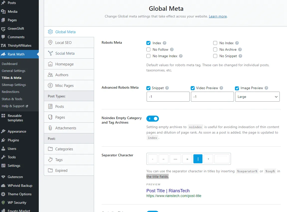Rank Math advanced meta and title setting