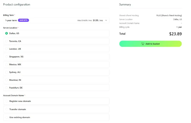 Hosting.com product configuration
