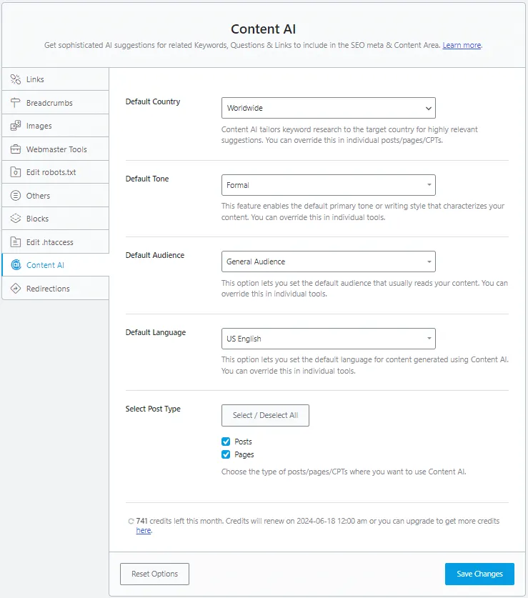 Rank Math Content AI Settings