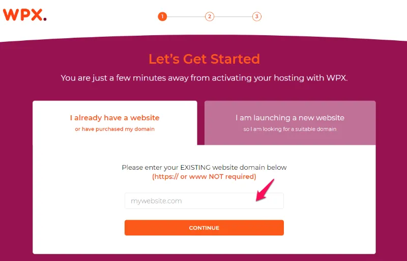 WPX Hosting Domain Name Selection Screen